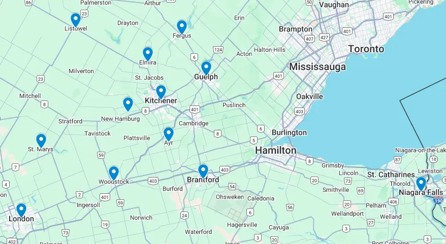 Pest Control Service Location Map of Ontario, Canada highlighting key cities including Guelph, Kitchener, Cambridge, Brantford, St. Mary's, Woodstock, and London. Locations marked with blue pins, ideal for pest control services in Ontario regions.