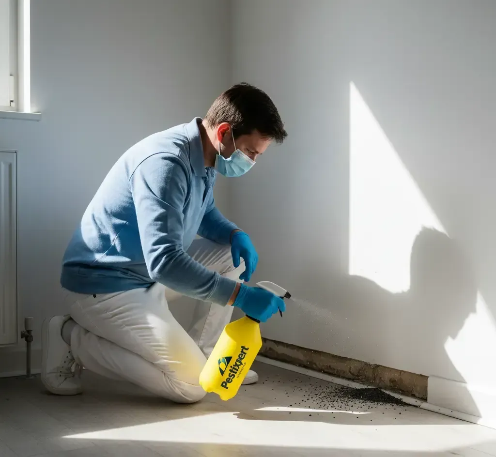 Ant control Cambridge A Pestixpert pest control specialist wearing protective gear applies a professional ant spray to eliminate an infestation in a Cambridge home.
