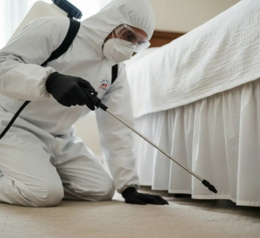 Professional pest control technician from PestiXpert Pest Control Services performing indoor pest extermination treatment in Kitchener, Ontario using safe and eco-friendly methods.
